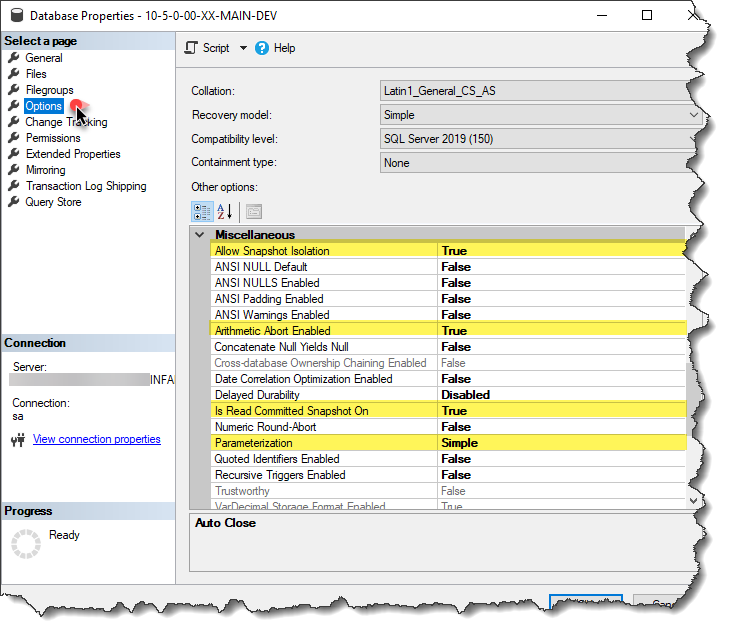 How to check the configuration of the MSSQL Database for Product 360