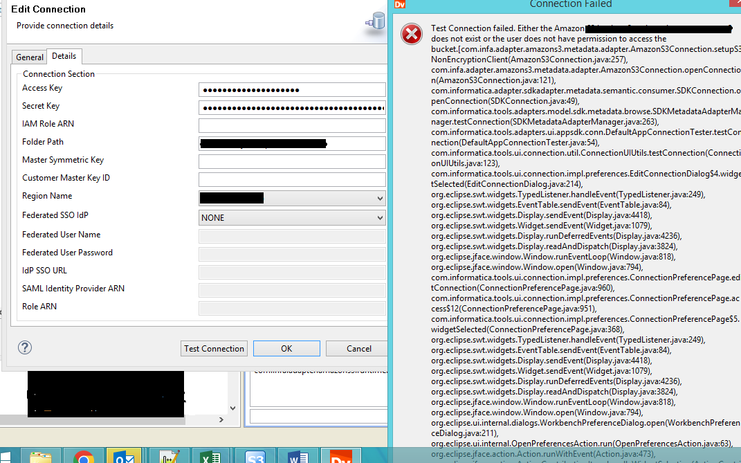 Amazon S3 test connection failure from Developer tool in PowerExchange