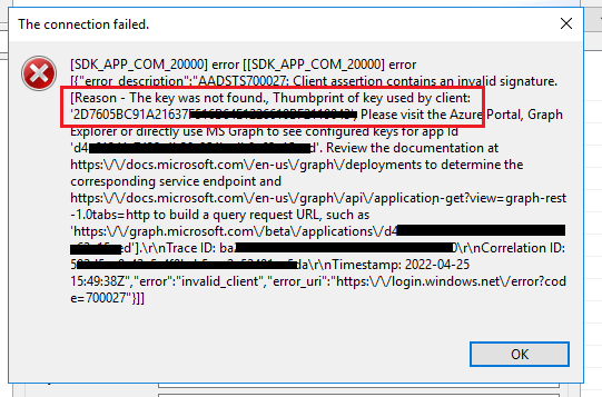ERROR: 'SDK_APP_COM_20000 error AADSTS700027 Client assertion