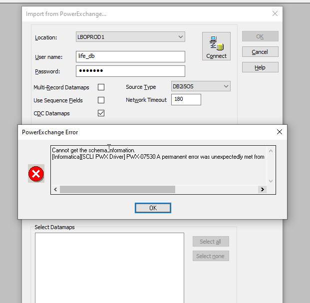 ERROR PWX07530 A permanent error was unexpectedly met from a