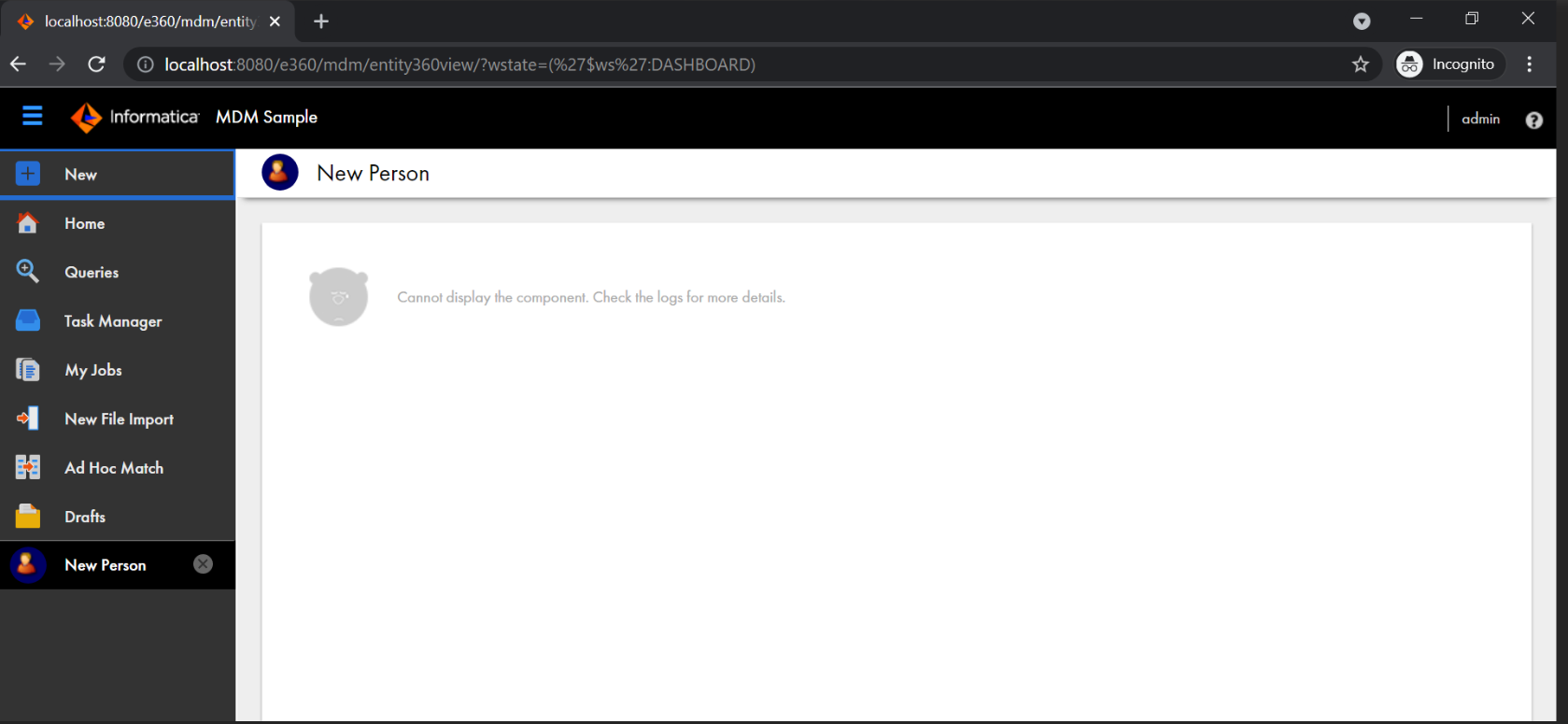 ERROR: "Cannot display the component. Check the logs for more details ...