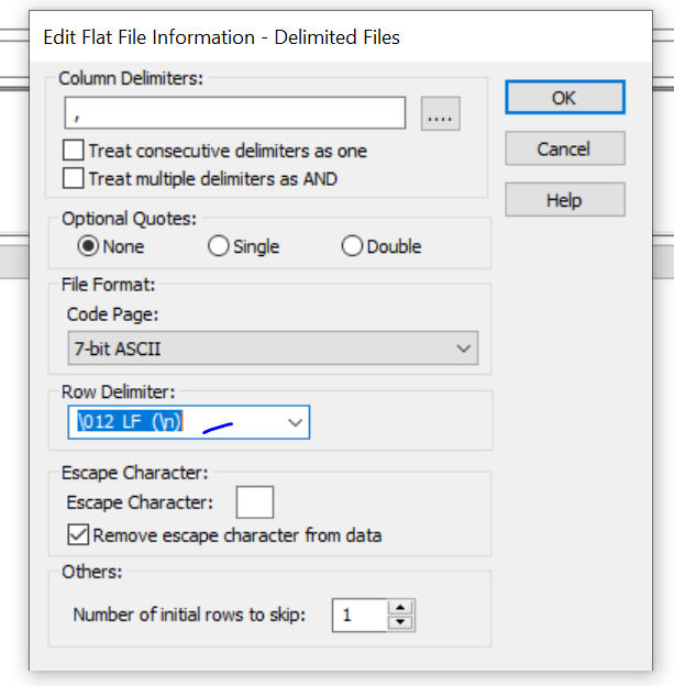 ERROR Cannot use character as a row delimiter when using flat