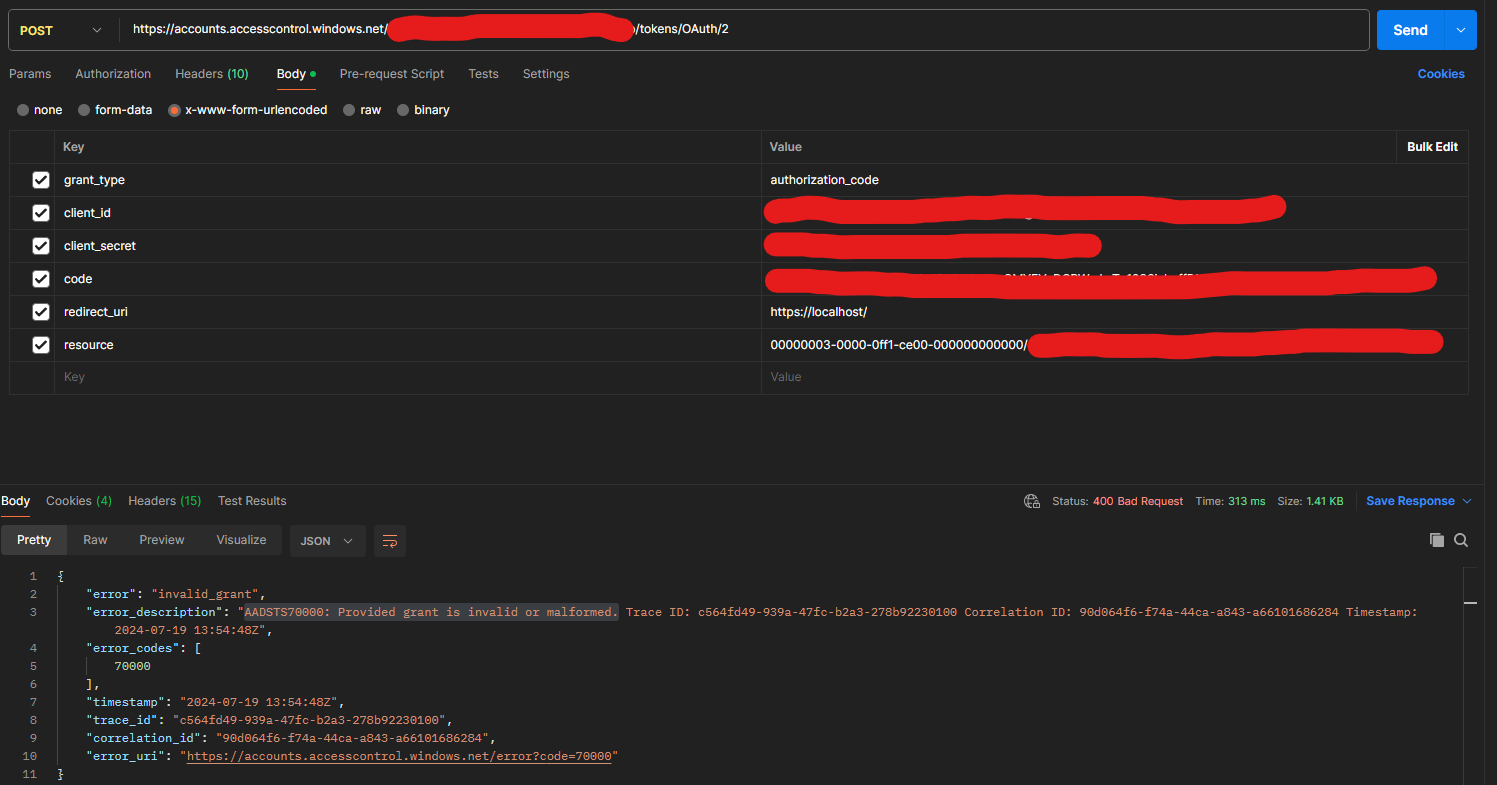ERROR: &ldquo;AADSTS70000: Provided Grant Is Invalid Or Malformed&rdquo; while 