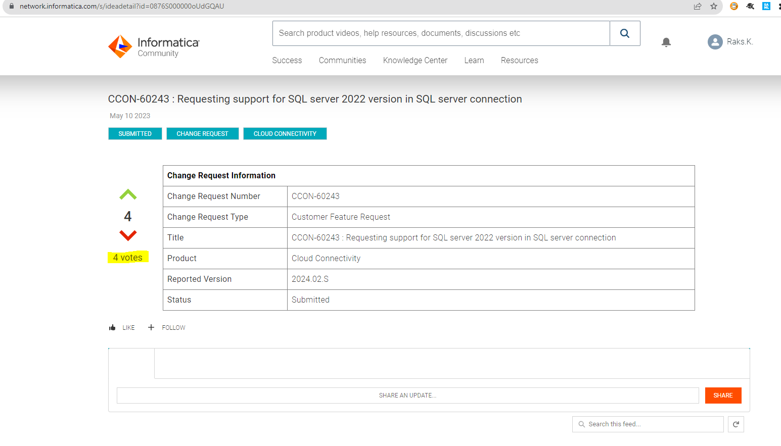 Tracking “Change Request” on Informatica Network is now just a click away