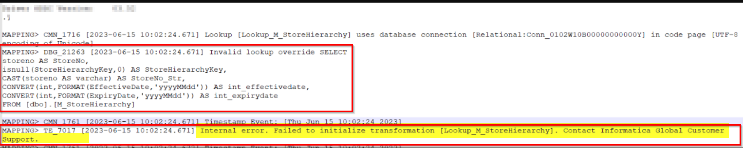 ERROR: "TE_7017 Internal error. Failed to initialize transformation ...