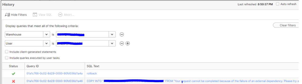 ERROR : "Your request cannot be completed because of the failure of an ...