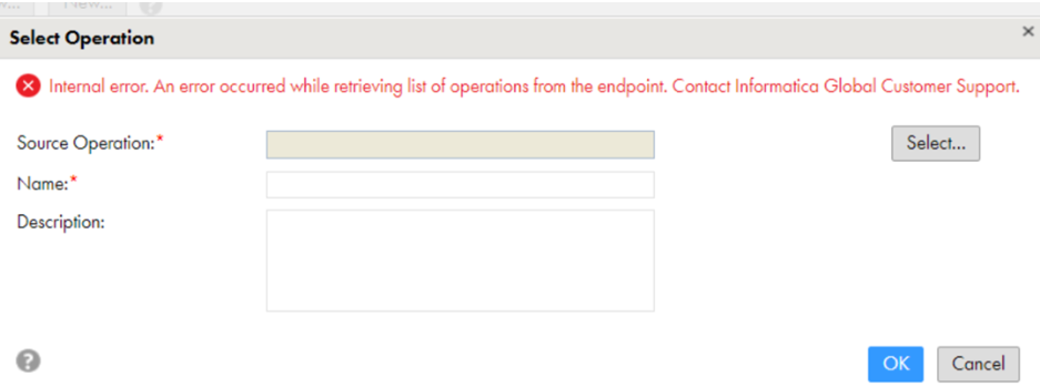 "Internal error. An error occurred while retrieving list of operations ...